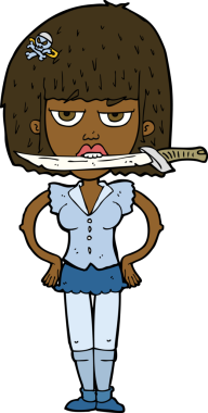 Bir insan tarafından çizilmiş, dişlerinin arasında bıçak olan çizgi film kadını.