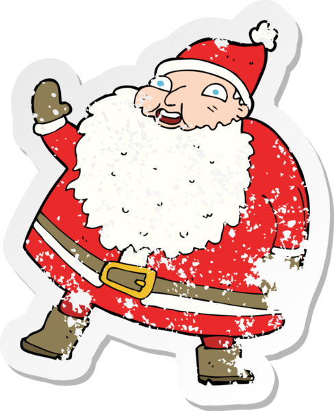 Bir insan tarafından çizilmiş komik sallanan Noel Baba karikatürünün gerilimli retro çıkartması.