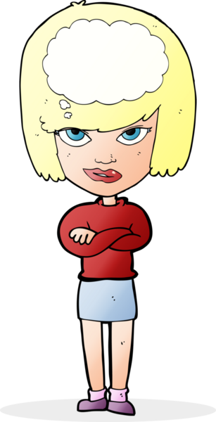 Bir insan tarafından çizilmiş kolları katlanmış bir karikatür kadın.