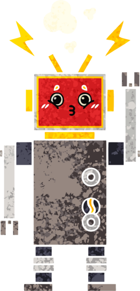 Bir insan tarafından çizilen robot arızasının retro çizim tarzı karikatürü