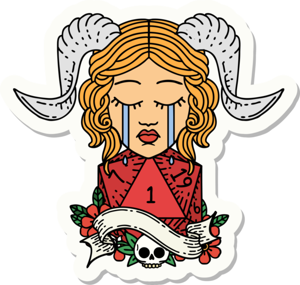 Ağlama etiketi, bir insan tarafından çizilmiş doğal bir D20 zar atışıyla bağlanmış.