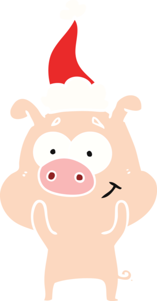 Mutlu el çizimi düz renk çizimi Noel Baba şapkası takan bir domuzun insan tarafından çizilmiş.