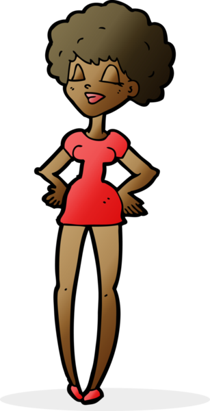 Bir insan tarafından çizilmiş elleri kalçasında mutlu bir kadın çizgi filmi.