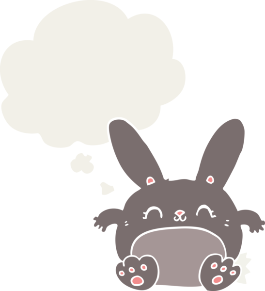 Düşünce baloncuklu çizgi film tavşanı insan tarafından çizilmiş.