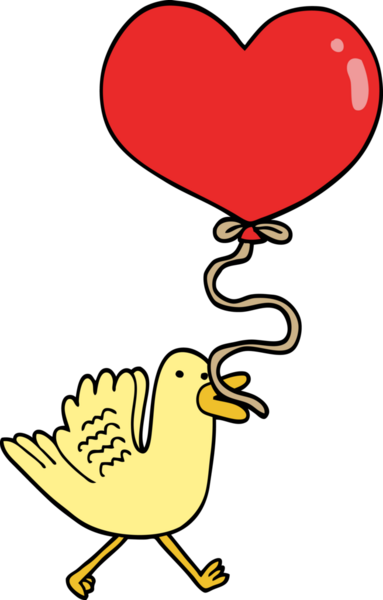 Bir insan tarafından çizilmiş kalp balonlu çizgi film kuşu.