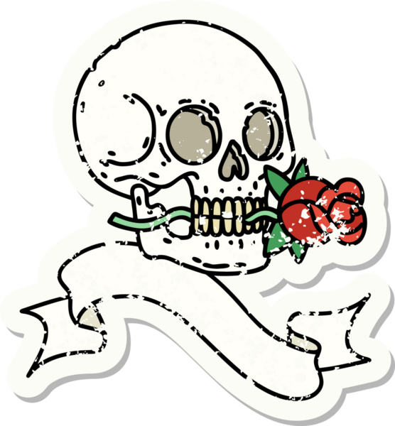 Bir insan tarafından çizilmiş kafatası ve gülü olan eski bir etiket.