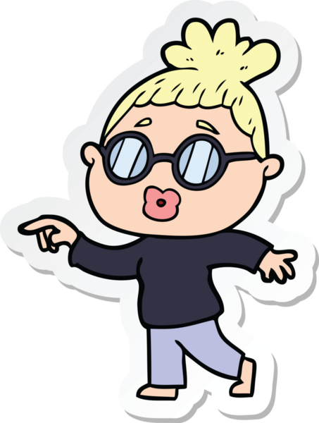 Bir insan tarafından çizilmiş gözlüklü bir karikatür kadının çıkartması.