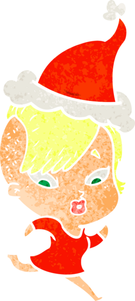 Bir insan tarafından çizilmiş Noel Baba şapkası giymiş şaşırmış bir kızın el çizimi karikatürü.