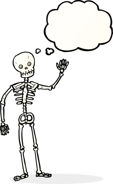 Bir insan tarafından çizilmiş düşünce baloncuklu iskelet sallayan bir çizgi film.