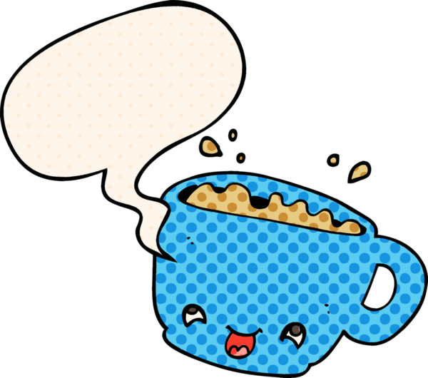 Bir insan tarafından çizilmiş çizgi roman tarzında konuşma baloncuklu bir kahve.