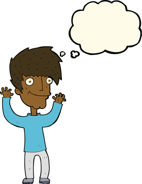 Bir insan tarafından çizilmiş düşünce baloncuğuyla kollarını sallayan çizgi film adamı.