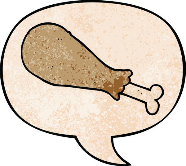 Çizgi film tavuk bacağı, konuşma baloncuğu ile insan tarafından çizilmiş retro doku.