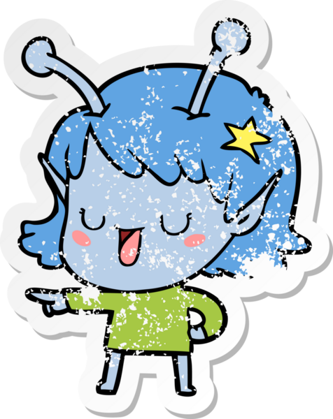 Bir insan tarafından çizilmiş mutlu uzaylı kız çizgi filminin sıkıntılı çıkartması.