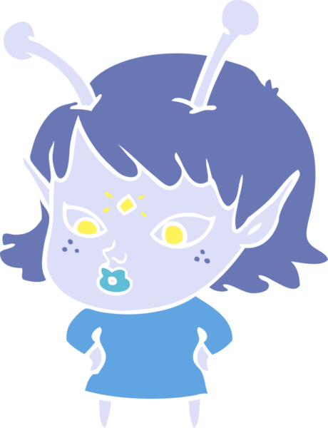 Bir insan tarafından çizilmiş düz renk çizgi film uzaylı kızı.