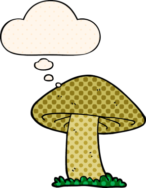 Çizgi roman tarzında bir insan tarafından çizilmiş düşünce baloncuklu mantar.