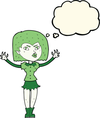 Bir insan tarafından çizilmiş düşünce balonlu vampir kız.