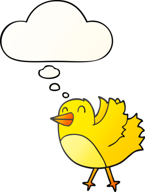 Düşünce baloncuğu olan çizgi film kuşu bir insan tarafından çizilmiş.