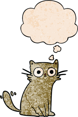 Bir insan tarafından çizilmiş grunge desenli düşünce baloncuklu çizgi film kedisi.