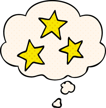 Çizgi roman tarzında bir insan tarafından çizilmiş düşünce baloncuğu olan çizgi film yıldızları