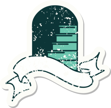 Bir insan tarafından çizilmiş basamaklara açılan kapı armalı eski bir etiket.