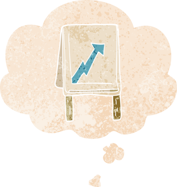 Düşünce baloncuklu oklu bir çizgi film çizelgesi grunge sıkıntılı retro desenli bir insan tarafından çizilmiş