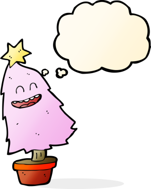 Bir insan tarafından çizilmiş düşünce baloncuğuyla dans eden çizgi film noel ağacı.