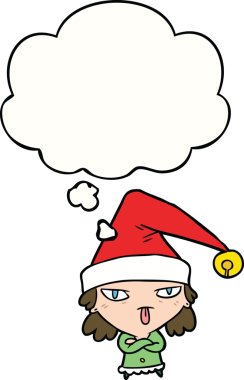 Bir insan tarafından çizilmiş düşünce balonlu Noel şapkası takan çizgi film kızı.