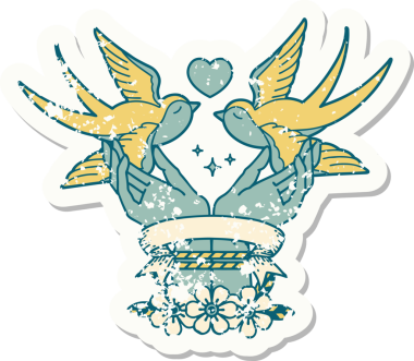 Elleri bağlı eski bir çıkartma ve bir insan tarafından çizilmiş kırlangıçlar.