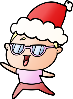 Bir insan tarafından çizilmiş Noel Baba şapkası takan mutlu bir kadının el çizimi karikatürü.