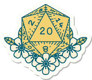 Bir insan tarafından çizilmiş 20 D20 zarının etiketi.