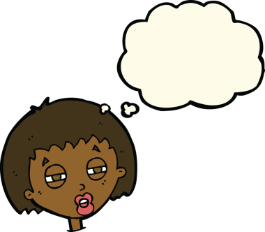 Bir insan tarafından çizilmiş düşünce baloncuğuyla gözlerini kısarak bakan çizgi film kadını.