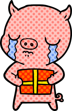 Bir insan tarafından çizilmiş Noel hediyesi için ağlayan bir domuz.