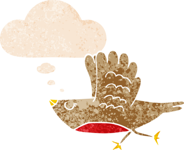 Düşünce baloncuğu ve grunge ile çizgi film kuşu bir insan tarafından çizilmiş sıkıntılı retro tarzı