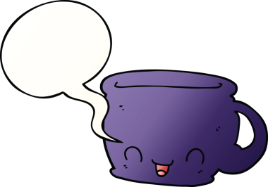 Bir insan tarafından çizilmiş, konuşma baloncuklu bir kahve fincanı.