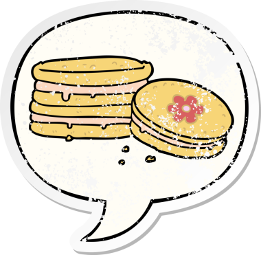 Konuşma balonlu çizgi film bisküvisi bir insan tarafından çizilmiş sıkıntılı eski bir çıkartma