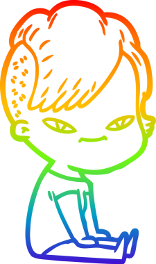 Gökkuşağı gradyan çizimi. Hipster saç kesimi bir insan tarafından çizilmiş şirin bir çizgi film kızı.