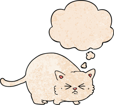 bir insan tarafından çizilmiş grunge dokuma tarzında düşünce baloncuklu kızgın kedi çizgi filmi.