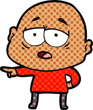 Bir insan tarafından çizilmiş yorgun, kel bir adam.