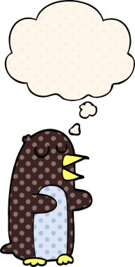 Çizgi roman tarzında bir insan tarafından çizilmiş düşünce baloncuğu olan penguen.