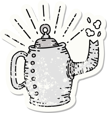 Dövme stili eski bir çıkartma. Bir insan tarafından çizilmiş eski bir kahve demliği.