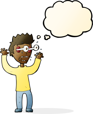 Bir insan tarafından çizilmiş düşünce baloncuğuyla dehşete düşmüş bir adam.