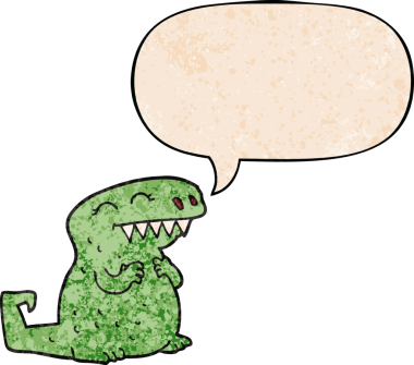 bir insan tarafından çizilmiş eski moda konuşma baloncuklu karikatür dinozoru.