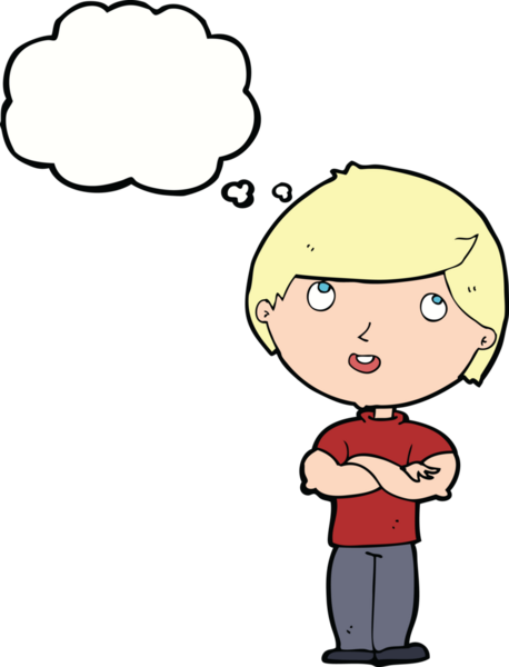 Bir insan tarafından çizilmiş düşünce baloncuğu olan katlanmış kollu mutlu adam çizgi filmi.