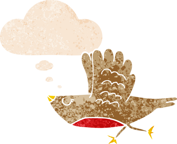 Düşünce baloncuğu ve grunge ile çizgi film kuşu bir insan tarafından çizilmiş sıkıntılı retro tarzı