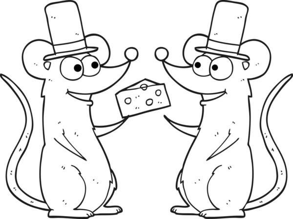 Bir insan tarafından çizilmiş peynirli siyah beyaz çizgi film fareleri.