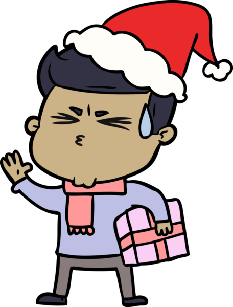 Bir insan tarafından çizilmiş Noel Baba şapkası giymiş terleyen bir adamın el çizimi.