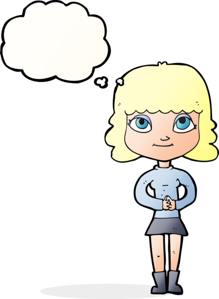 Bir insan tarafından çizilmiş düşünce balonlu mutlu kadın çizgi filmi.