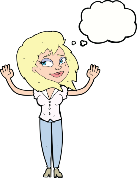 Bir insan tarafından çizilmiş düşünce baloncuğuyla pes eden çizgi film kadını.