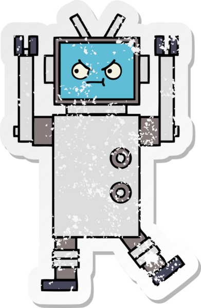 Bir insan tarafından çizilmiş sevimli bir robot çizgi film çıkartması.