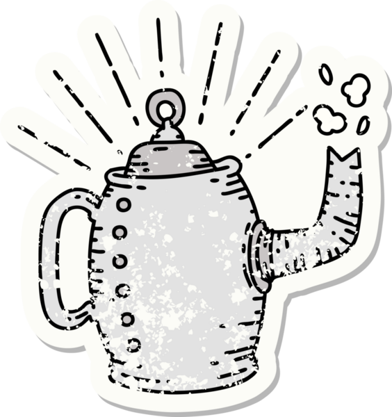 Dövme stili eski bir çıkartma. Bir insan tarafından çizilmiş eski bir kahve demliği.